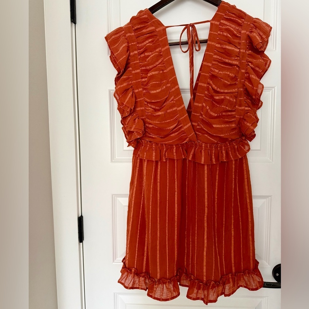 FAVLUX Terracotta Rust Textured Ribboned Ruffle Dress Size L - Picture 4 of 8
